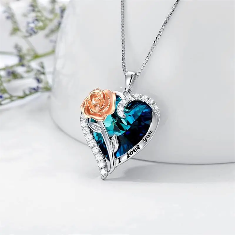Sparkly Blue Heart & Rose Crystal Necklace 'I Love You' Engraved Pendant Shiny Dual-Tone Design Perfect for Date Nights Valentine’s Gifts or Daily OOTD Lightweight Eye-Catching Christmas Gift