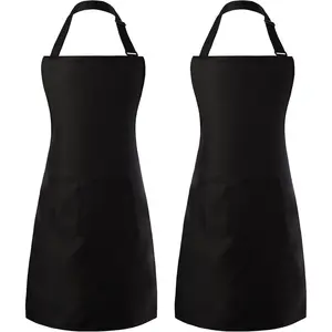 2 Pack Adjustable Bib Apron, Waterdrop Resistant Aprons with 2 Pockets Cooking Kitchen Restaurant Aprons for Women Men Chef, BBQ Drawing Crafting Outdoors (Polyester-Black, 2)