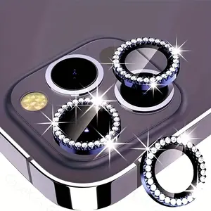 For IPhone 15 14 13 12 11 Pro Max Mini 14 15 Plus Rhinestone Glitter Camera Tempered Glass Lens Protector Ring Smartphone Camera Accessories