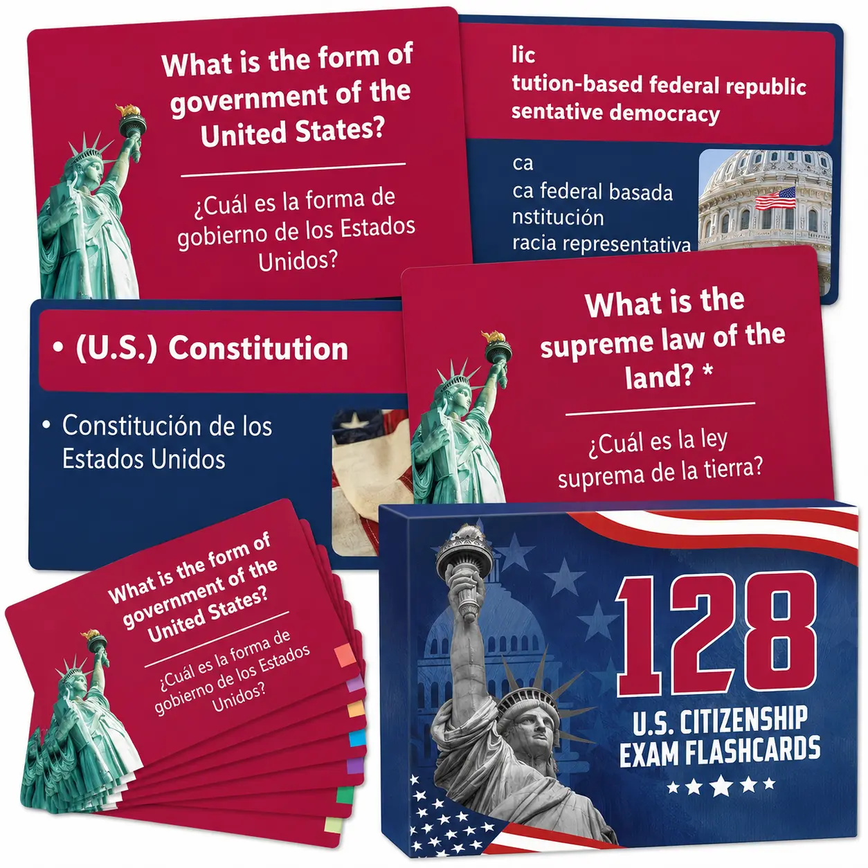 US Citizenship Flash Cards 2026, 128 USCIS Civics Test Questions | Bilingual English and Spanish Study Guide, Tarjetas de Ciudadania, Preguntas para La Ciudadania