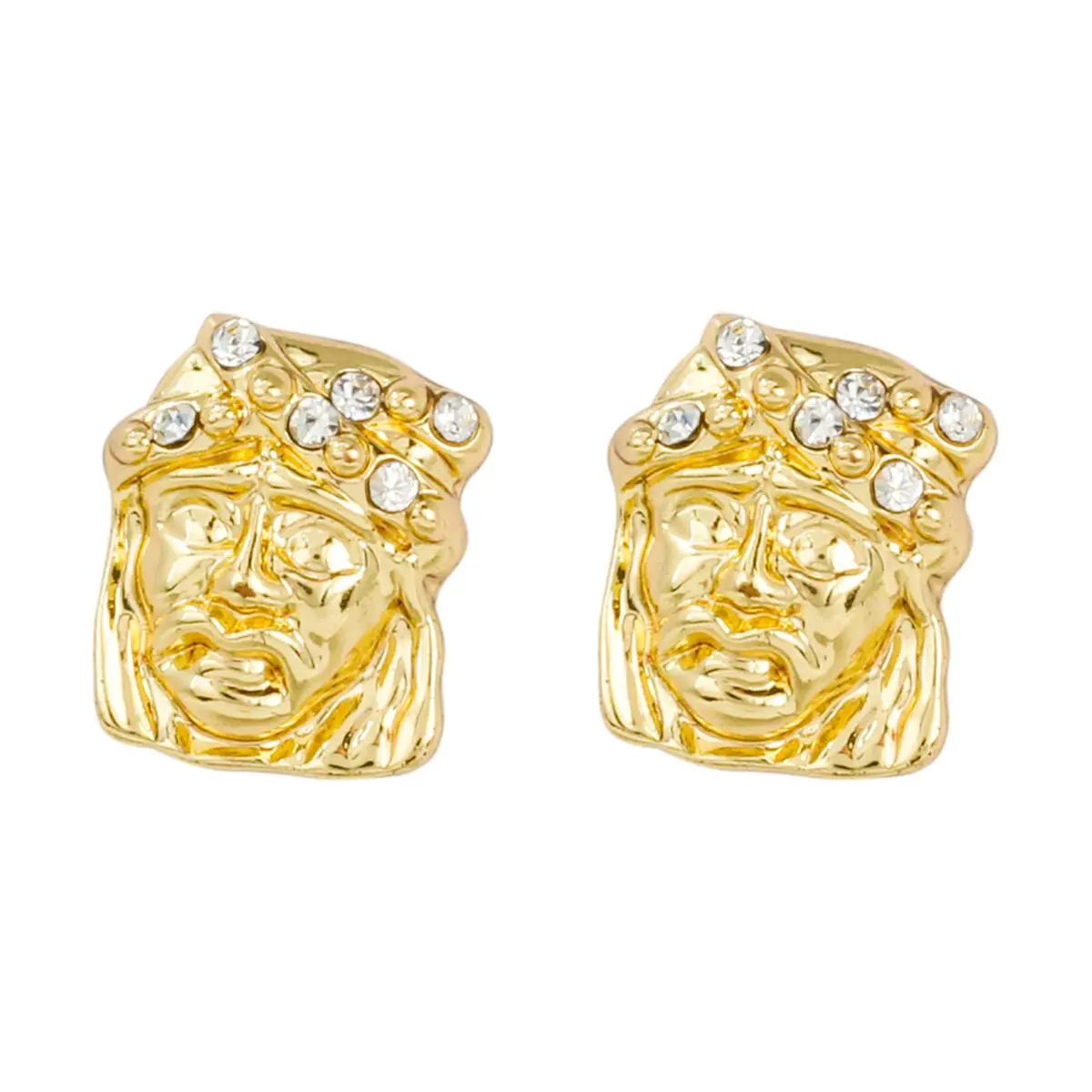 MaxBling81 Unisex 12mm x 12mm Jesus Head Stud Earrings - Hip Hop Religious Iced Gold-Silver Coated Alloy, Fashionable Jewelry Accessories, Gold Plated Statement Costume Jewelry Accessories, Statement Earring, Metal Coating, Coated Metal, High Polished, Ic