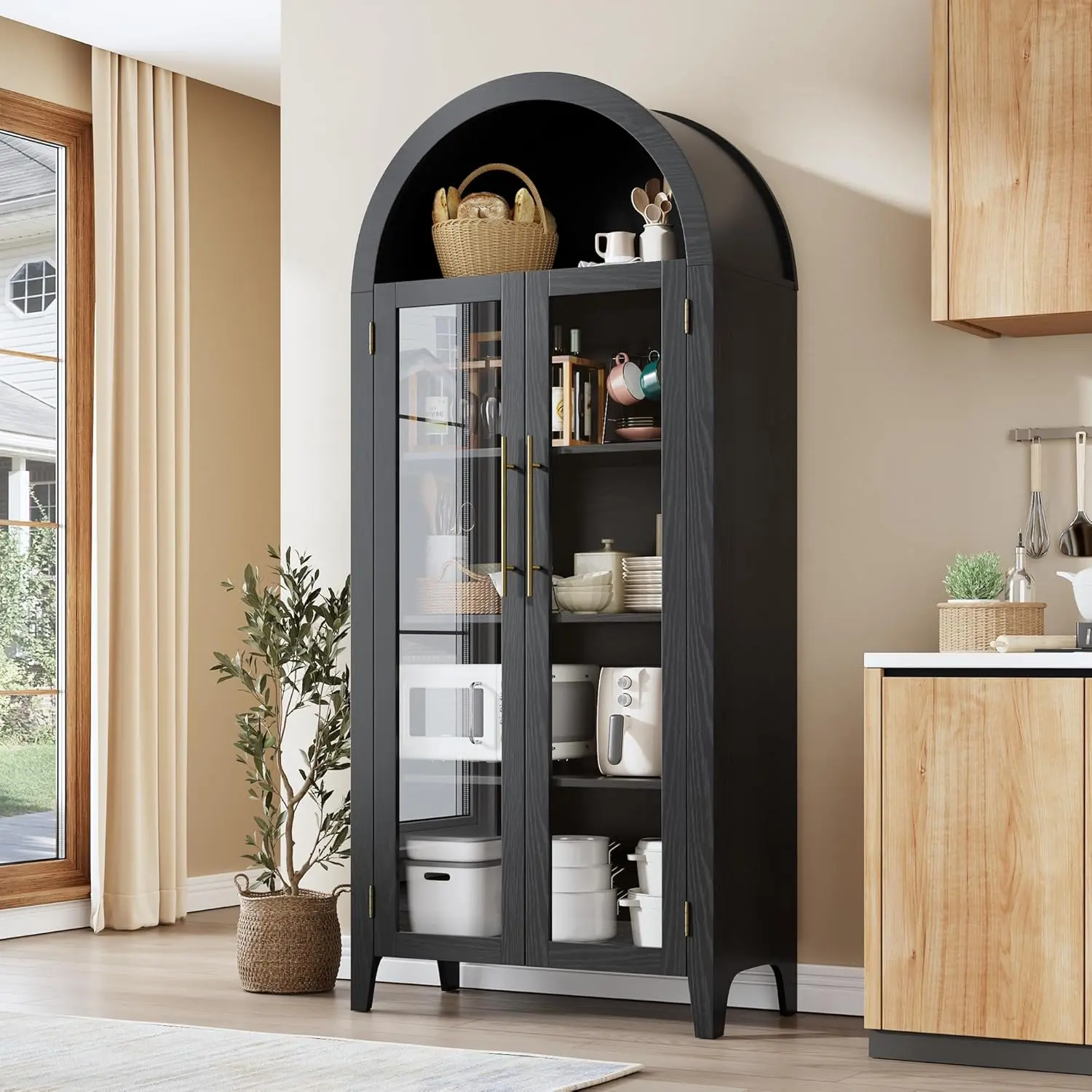 Black Farmhouse Arched Pantry Cabinet - Durable 5-Tier Indoor Storage Cupboard with 2 Large Glass Doors, Adjustable Shelf, Anti-Tipping Kit, Stylish Arched Design for Pantry Cabinet Organization, Kitchen, Dining Room - Assembly Required