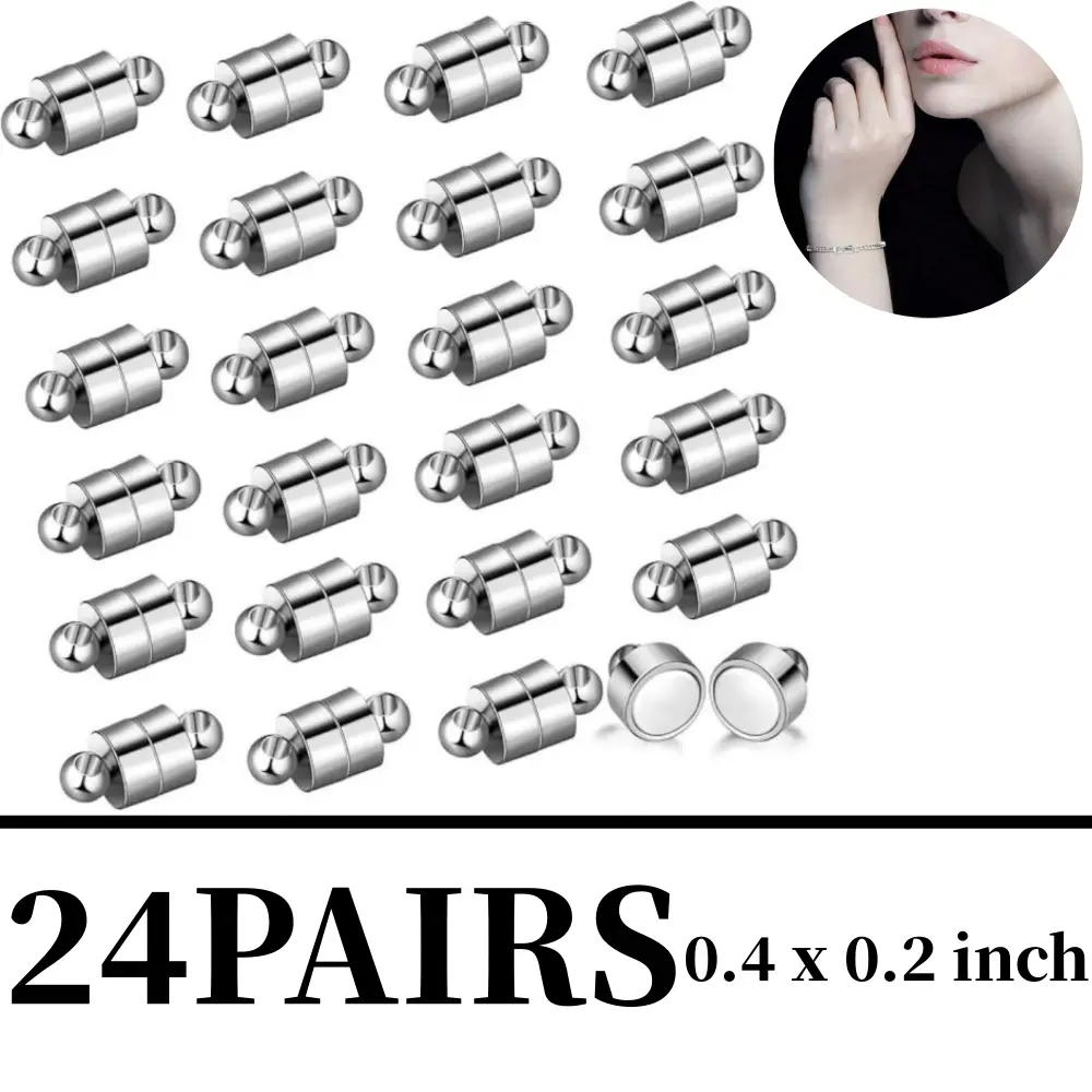 24 Pairs Cylindrical Magnetic Locking Clasps, Silver-Tone Copper-Plated Extender Connectors for DIY Necklace and Bracelet Jewelry Making
