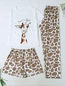 Women's Sleepwear Set, Round Neck Short Sleeve Top + Shorts + Pants, Giraffe Print, Casual Fitted Knit All over Print Loungewear Pajamas