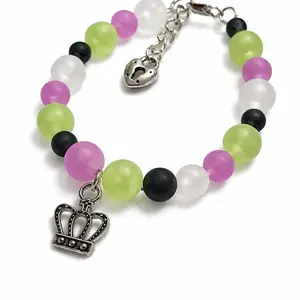 Wicked Theme Handmade Beaded Bracelet with Crown Charm Green Pink White Beads Fashion Jewelry (Adjustable!)
