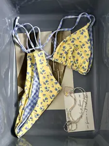 Swim Mod Women Summer Random Floral Plaid Print Triangle Halter Bikini Set Beach Vacation Swimwear