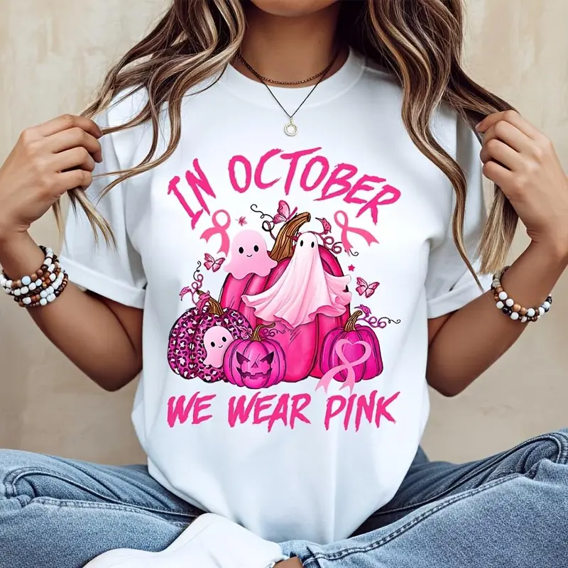 In October We Wear Pink, Ghost Pumpkin Print T-Shirt, Breast Cancer Awareness Halloween Top, Autumn Festival Support Gift