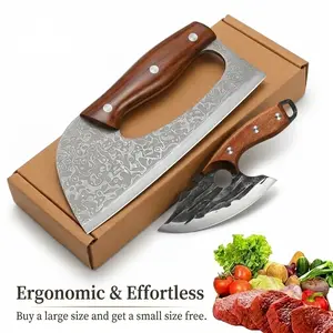 2 Pcs Effort Saving Meat Cleaver Knife Set Sharp High Carbon Steel Cooking Viking Knife with Leather Sheath Ergonomic Non-Slip Handle for Meat Vegetable Cutting Home Kitchen Outdoor Cooking Camping BBQ Housewarming Holiday Gift for Cooking Lovers Super