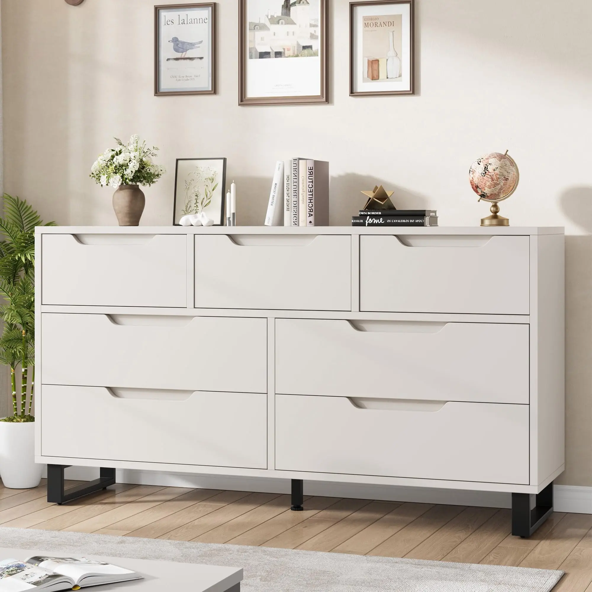 Modern Wood Dresser - 7/8-Drawer Rectangular Rustic Chic MDF Wood Freestanding Horizontal Interior Storage Furniture for Bedroom, Living Room