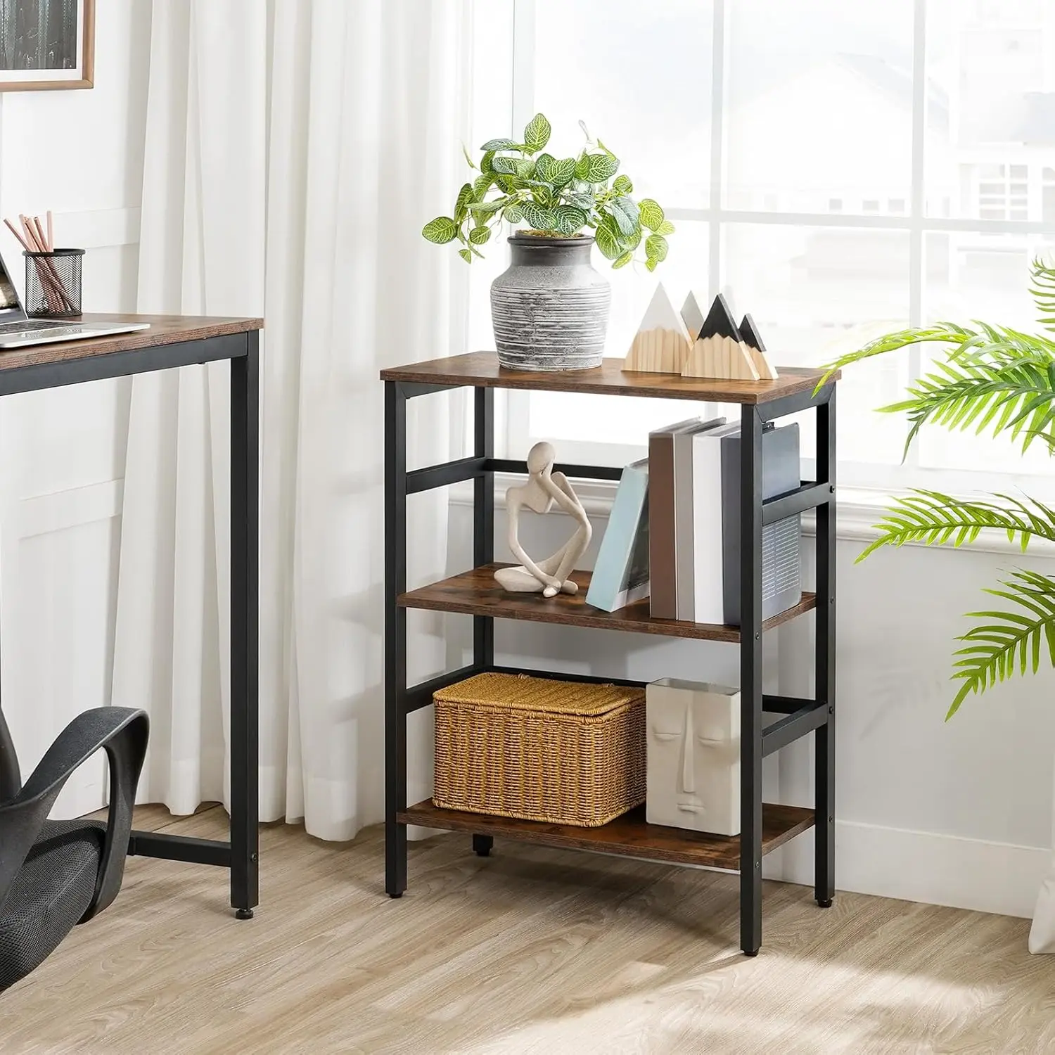 3 Tier Wooden Bookshelf with Metal Frame - Rustic Open Display Shelf for Living Room and Bedroom