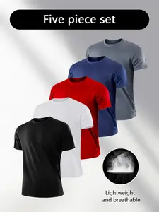 5-Pack Men's Quick-Dry Running Tops, Solid Color Casual Workout Clothes, Lightweight Breathable Moisture-Wicking Compression Tee Shirts