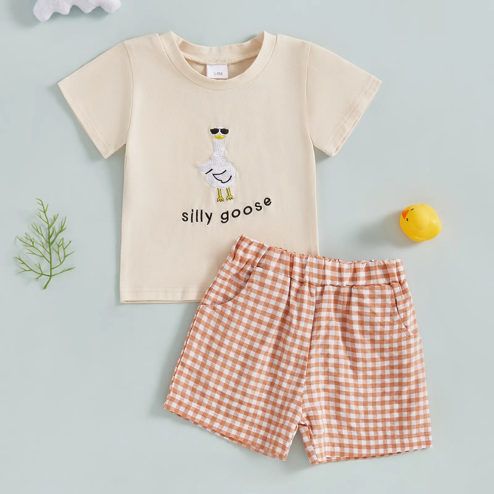 Kids Toddler Baby Boy Girl Summer Clothes Silly Goose Short Sleeve T-Shirt Tops Plaid Shorts Set 2Pcs Goose Outfits Set