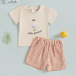 Kids Toddler Baby Boy Girl Summer Clothes Silly Goose Short Sleeve T-Shirt Tops Plaid Shorts Set 2Pcs Goose Outfits Set
