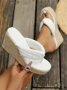 Women's Soft Terry Wedge Thong Sandals - Espadrille Platform Flip Flops for BeachCasual Summer Women's Espadrille Wedge Flip Flops - Terry Cloth Platform Sandals, Pink/Green/White/Black, Espadrilles Platform Sandals, Casual Fashion Sandals