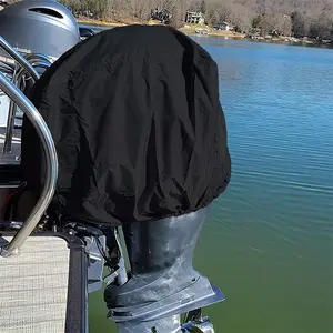 Heavy Duty Outboard Motor Cover - Thick Polyester Fabric, Black, Fits 15HP-250HP Engines, Includes Drawstring Closure & Adjustable Straps for Secure Lake & River Use, Boat Motor Cover, Secure Fit Design, Durable Fabric Cover