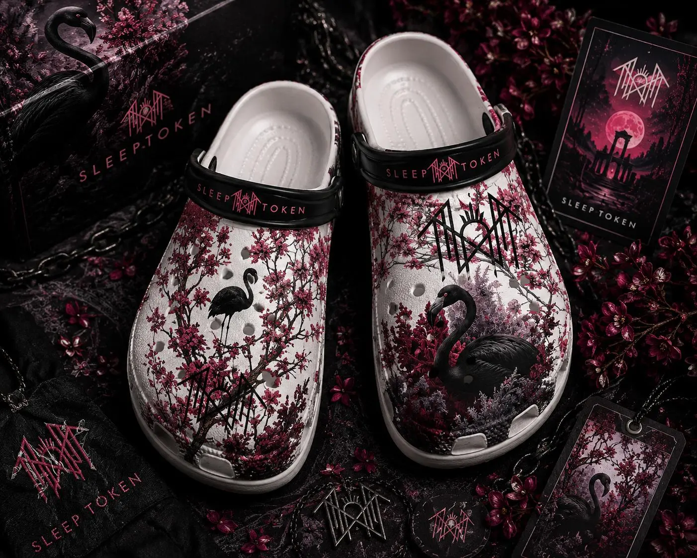 Dark Gothic Swan Clogs Shoes, Black Floral Fantasy Graphic Clogs Shoes, Alternative Art Casual Footwear, Lightweight Comfort Clogs