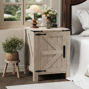 Rustic Bedside Cabinet with USB Charging Station – Large 18'' Tabletop, Sliding Barn Door, Adjustable Shelf – Farmhouse Bedside Table for Bedroom or Living Room