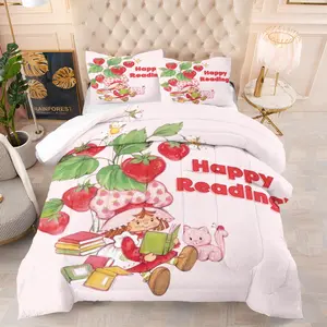 Strawberry Shortcake Pattern Floral Quilt Set, Including 1 Quilt and 1 or 2 Pillowcases without Pillows, Suitable as a Gift for Girls and Women, Soft Bedroom Decoration for Children, Teenagers, and Adult