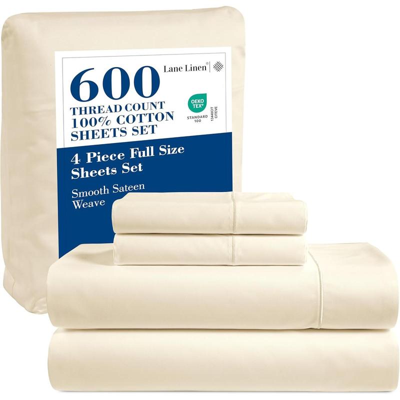 % Full Size Sheets Set 600 Thread Count, Luxury Hotel Style Sateen Weave for Soft Finish, Machine wash Bedding Sheets & Pillowcase Set, Deep Pocket Full Sheets - Ivory