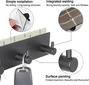 Key Holder for Wall with 2 Self-Adhesive Tapes, No Damage Key Holder Rack for Wall with 3 Key Hooks for Entryway, Door, Bathroom, Kitchen(Black) Decor