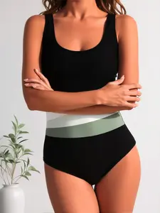 U-Neck Printed One-Piece Athletic Swimsuit, Round Neck Slimming Competitive Swimwear for Water Sports