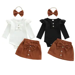 Baby Girl Clothes Set Button Ruffle Long Sleeve Knit Romper Mini Skirts Headband Infant Cute 3Pcs Outfits