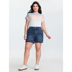 BLOOMCHIC Women's Plus Size Basic Casual Fitted Cotton-Spandex Denim Bottom Shorts with Stretchy Waist, Ripped Hem, Pocket, 2026 Summer Pick Mother's Day Clothes Dark Indigo Womenswear 2026 Summer Vibes