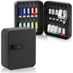 20 Key Storage Lock Box with Code, Key Cabinet Organizer Wall Mount with Combination Lock, Key Hooks & Labels, 7.87 x 6.3 x 3.14 in, Black