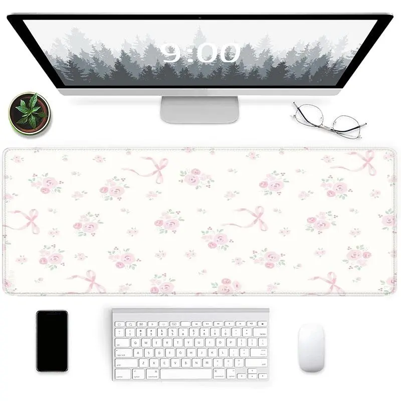Bowknot & Flower Pattern Extended Mouse Pad, Gaming Mouse Pad, Office Desk Mat, Computer Keyboard Pad, Aesthetic Desk Accessories, Non-slip Office Desk Decor Accessories