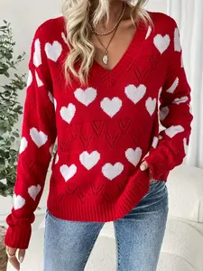 Women's Valentine's Day Heart Pattern Sweater, V Neck Pullover Knitwear, Casual Fashion Long Sleeve Top for Women