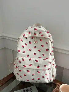 Women's Strawberry Printed Corduroy Backpacks - Corduroy Material, Large Capacity, Simple Fashion Design, Flap Pocket, for Outdoor and School Use