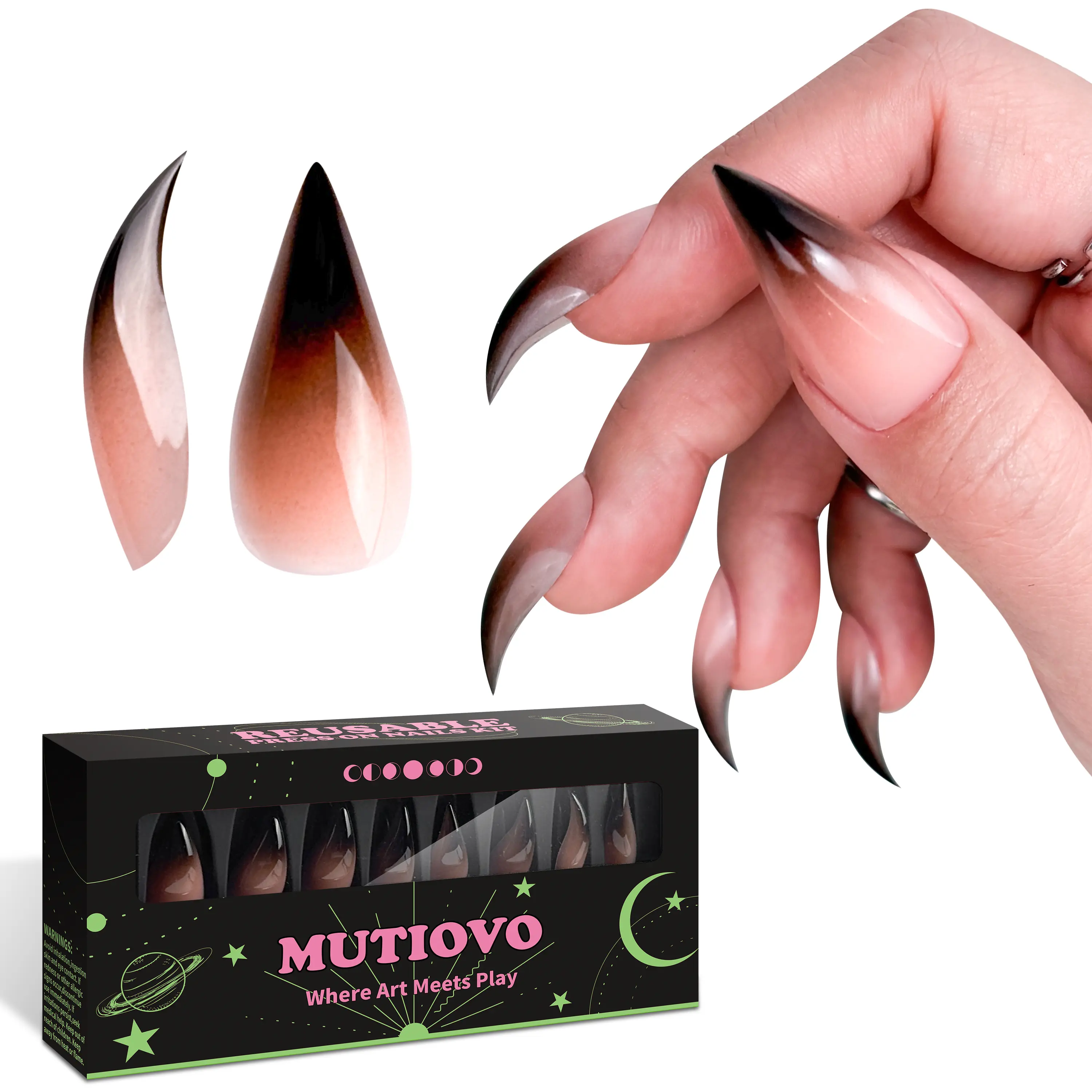 Reusable Press on Nails Cat Claw Black Ombre Pink