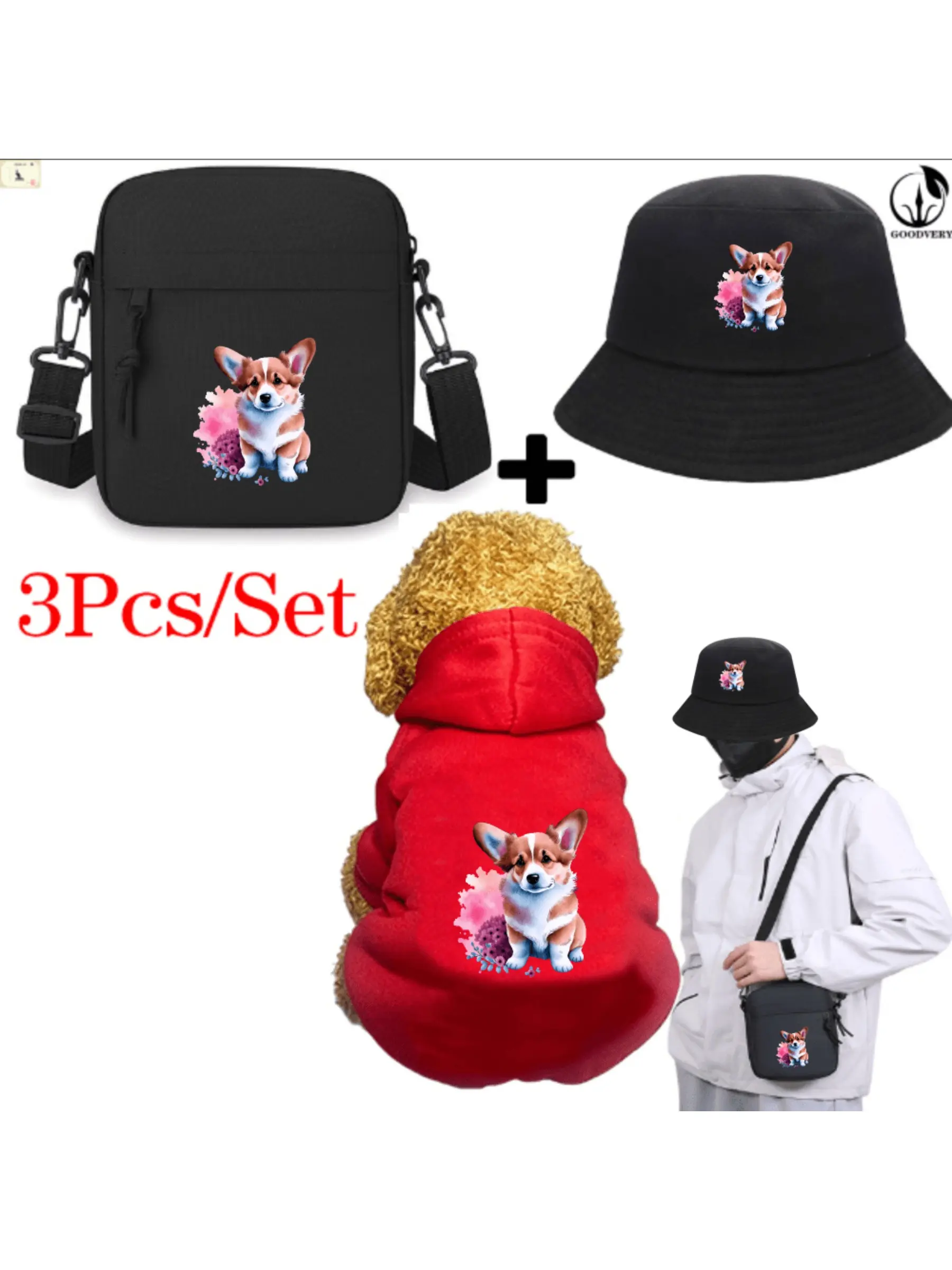 3Pcs Suit Stylish Hat Crossbody Bag Pet Hoodie Suit, Christmas Cute Corgi Dog Sitting in Front of Flowers Print, Pet Hoodie and Fisherman Hat and Crossbody Bag Three-in-one Combination, Universal for Men and Women, New Style of Pet Clothes