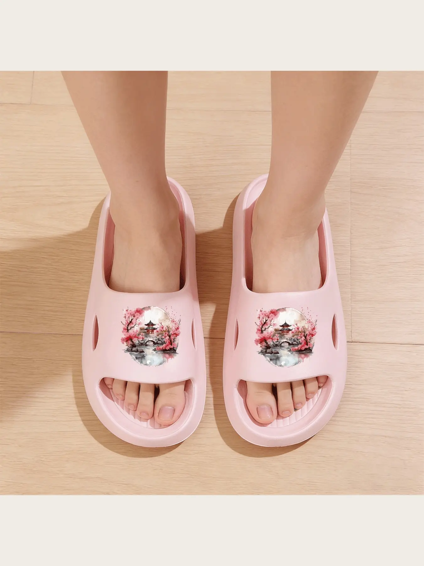 Women's Cherry Blossom Slippers Traditional Chinese Architecture Print Comfortable Indoor Shoes Non-slip Sole Lightweight House Slippers Asian Style Footwear for Home Use Spring Autumn Soft Cushion