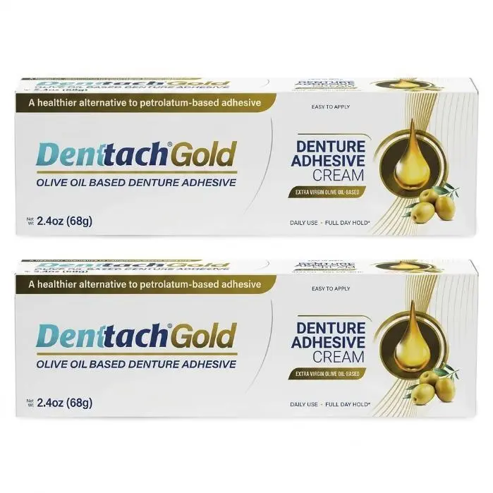 Denttach Gold Denture Adhesive, Petroleum Free Olive Oil Based Premium Denture Adhesive Cream for Full and Partial Dentures, All Day Secure Hold Denture Glue, Zinc Free, 2.4 Ounce (Pack of 2)