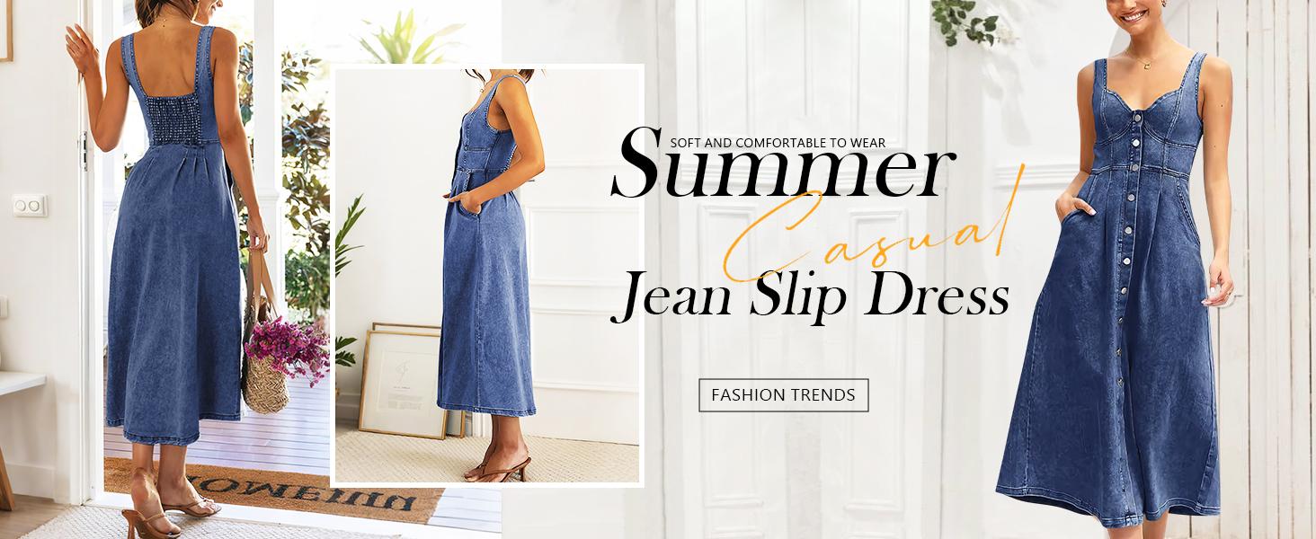 Ebossy Stretchy Smocked Denim Dress for Women Sleeveless Babydoll Button Down Midi Long Jean Dresses Ebossy Stretchy Smocked Denim Dress for Women Sleeveless Babydoll Button Down Midi Long Jean Dresses