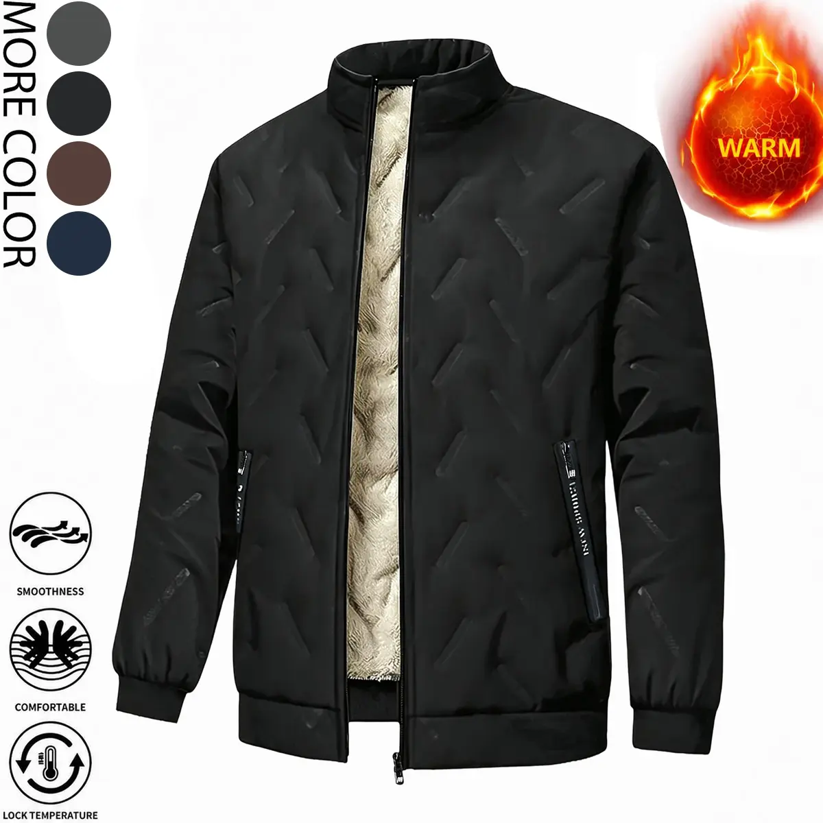 JOGWAVE Menswear Casual Plain Mens Clothing Thick Fleece-Lined Autumn-Winter Coat, Warm Stand-Up Zip Collar, Suitable for Outdoor Travel