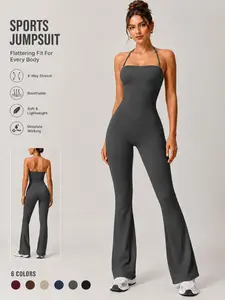 Women's Sports Jumpsuit Solid Color Sleeveless Halter Neck Cami Soft Comfortable Breathable High Waist Wide Leg High Stretch Shaping Yoga Outfit Gym One Piece Training Outdoor Sports Moisture Wicking Daily All Season Home Outing Casual Versatile Jumpsuit