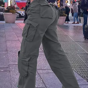 Loose-Fit Cargo Pants Solid Construction Practical Flap Pocket Design Comfortable Vintage-Inspired Streetwear Fashion for Womens Trendy Casual Wear Elastic Waist Bottoms Womenswear cargo pants women
