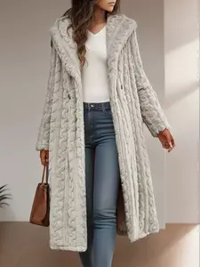 Women's Fall Winter New Hooded Coat Long Knit Soft Plush Warm Long Sleeves Jacket, Casual Slim-Fitting Thick Fabric Outerwear for Cold Weather Knitwear Womenswear Casual Top