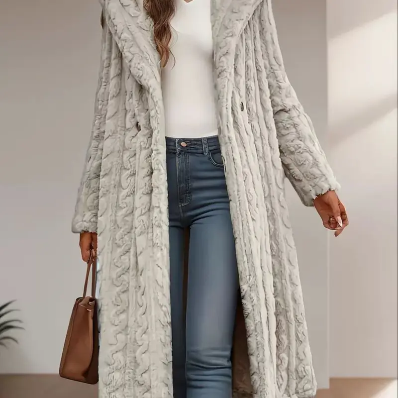 Women's Fall Winter New Hooded Coat Long Knit Soft Plush Warm Long Sleeves Jacket, Casual Slim-Fitting Thick Fabric Outerwear for Cold Weather Knitwear Womenswear Casual Top