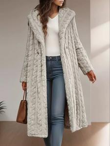 women's fall winter new long sleeve hooded coat long knit soft plush warm jacket, casual slim-fitting thick fabric outerwear for cold weather