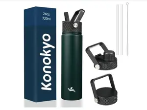 Konokyo Insulated Water Bottle 24oz Stainless Steel Sport Bottles with 3 Lids,Army Green