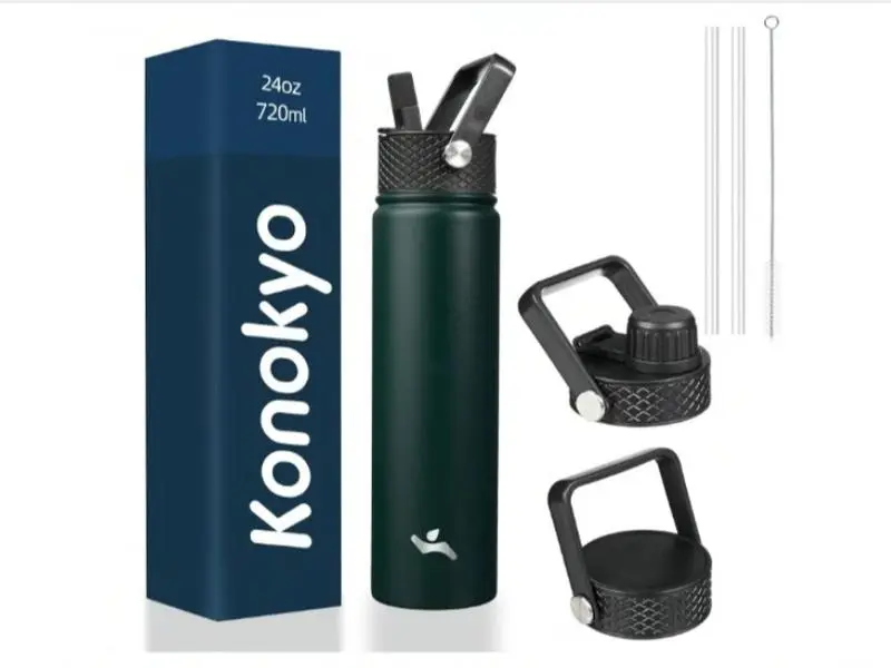 Konokyo Insulated Water Bottle 24oz Stainless Steel Sport Bottles with 3 Lids,Army Green
