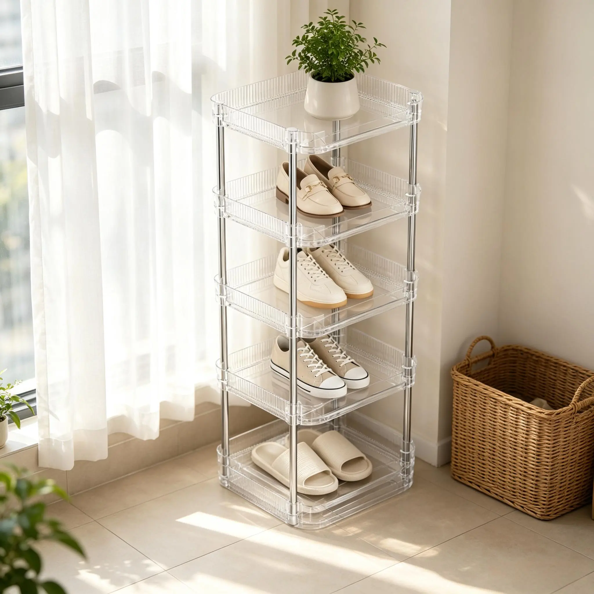 Clear Acrylic Shoe Rack 5-Tier Freestanding Shoe Organizer Minimalist Transparent Storage Shelf Space Saving Entryway Hallway Stand Tool-Free Assembly Bathroom Slipper Rack Modern Home Decor Display Shelf Small Apartment Furniture