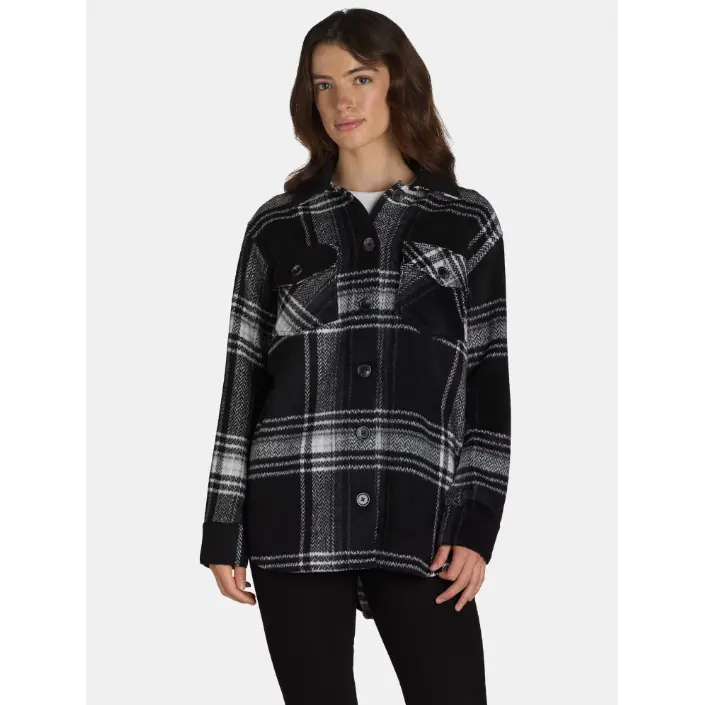 Women's Plaid Button Front Shacket, Black Soot, S