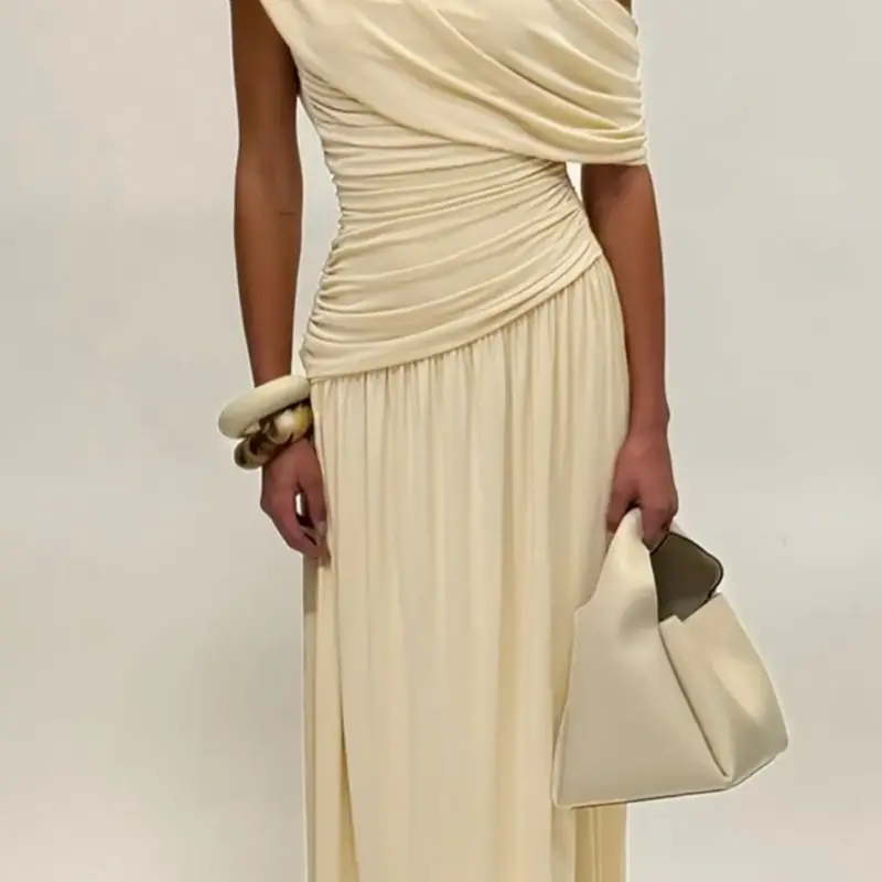 Women's Elegant Solid Irregular Neck Ruched Dress, Elegant Ruched Design, Sexy One-Shoulder Backless Plain Slim Fit Maxi Dress, Formal Gown, Elegant Sleeveless Gown for Birthday Party & Date Evening, Bodycon Fit Dress Womenswear