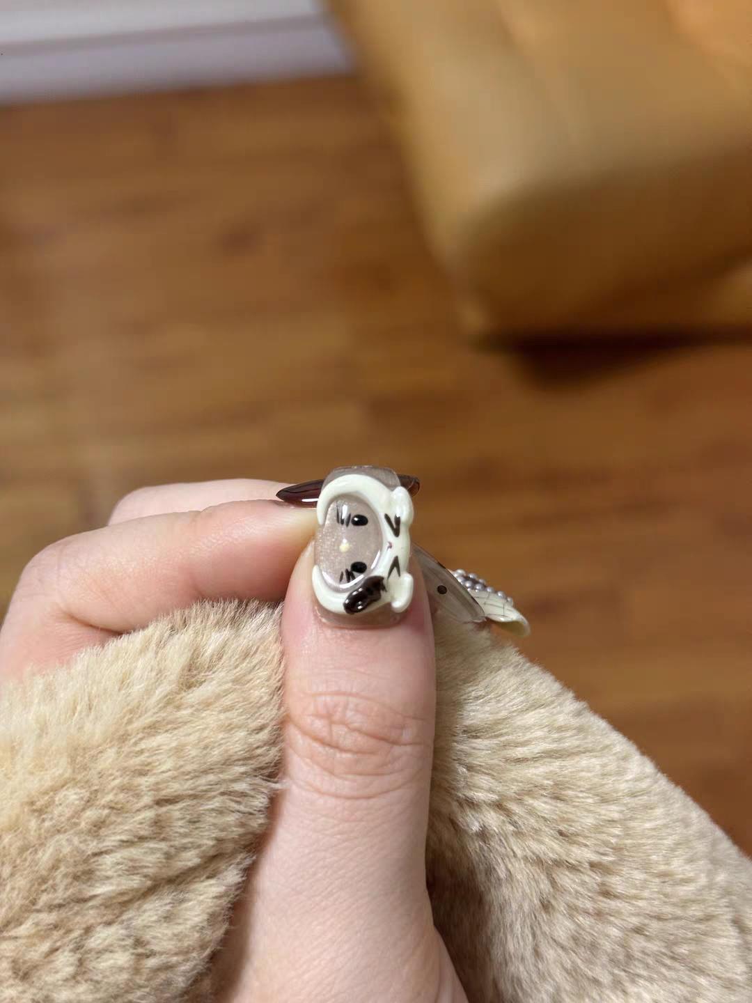 【Lucy UU】Cute Cat Eye Sweet French Baddie Press On Nails Brown Bow Short Coffin Shape Handmade Reusable