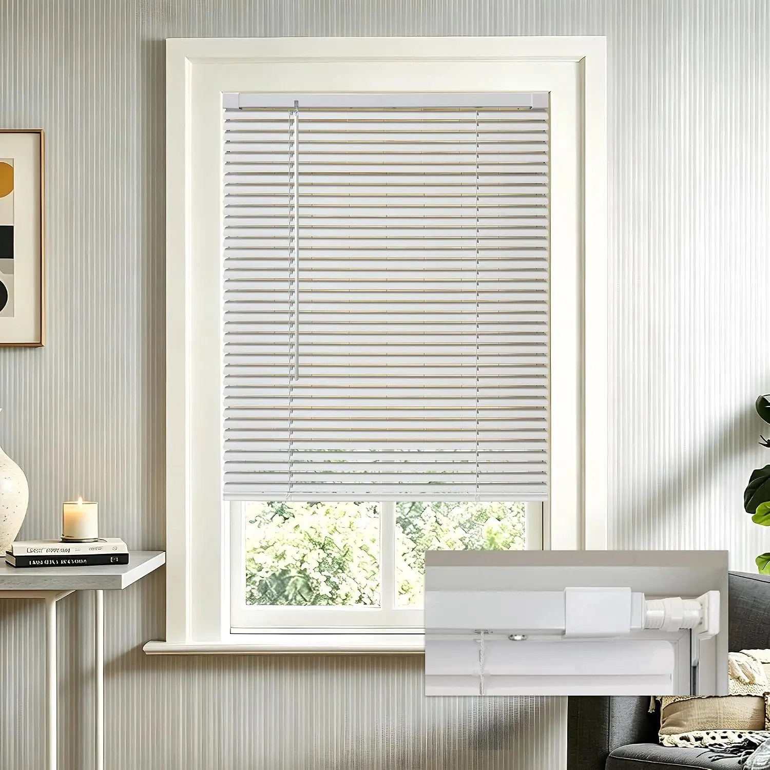 No Tools No Drill 1" Cordless Mini Blinds, Horizontal Light Filtering Blind, Vinyl Blinds for Indoor Windows 35.5" W x 64" H, White.