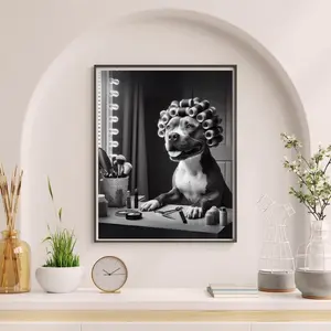 Pitbull Dog Bathroom Wall Art, Pitbull in Hair Rollers in Powder Room décor